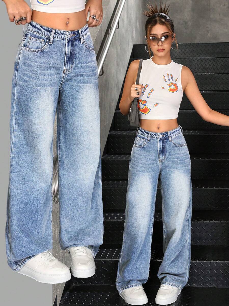 SHEIN 少女 Y2K 时尚纯色复古水洗宽松直筒牛仔裤，秋季服装返校街头服饰 - 淺色水洗藍 - 查看 1