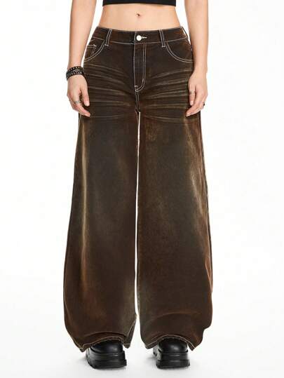 Grunge Punk Jeans maxi femme à jambes larges avec texture délavée style punk grunge, ornés de patchs d'étoiles floqués