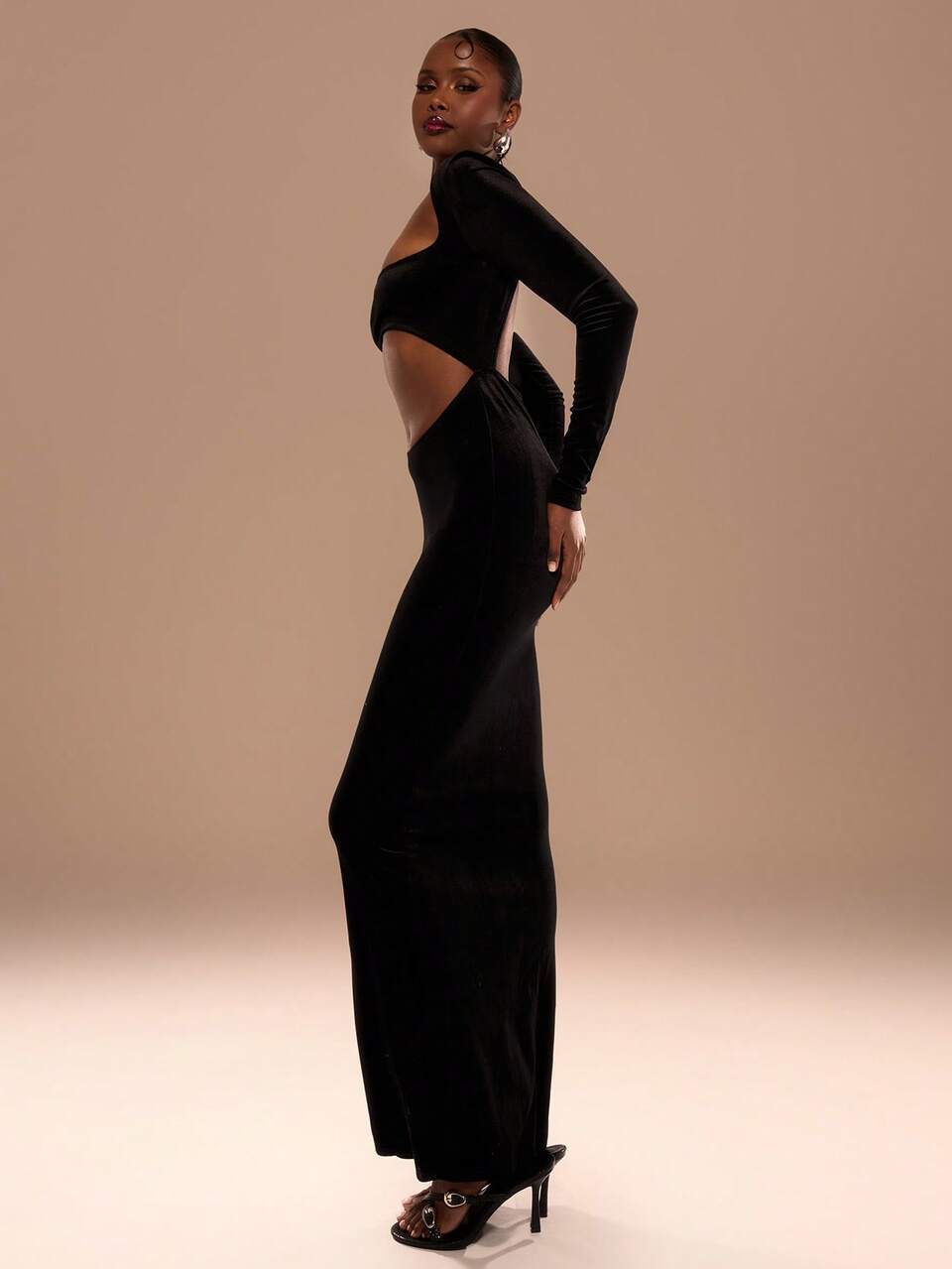 Cut Out Front Velvet Long Sleeve Maxi Dress Spring Sexy Party Elegant Romantic Long Dress Graduation Prom