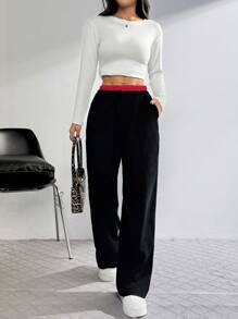 SHEIN EZwear Pantalones anchos y sueltos de mujer con bloqueo de color y cordón en la cintura, hechos de pana