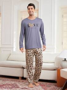 Leopard Print Letter Graphic Pullover Pajamas Set - Long Sleeve Top And Pants For Men - Dusty Purple - View 4