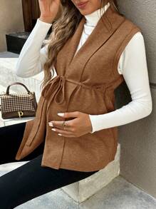 Momance Jersey sin mangas con cuello, cintura anudada y unicolor para maternidad, otoño/invierno - Marrón - Ver 5
