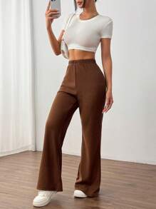 SHEIN Unity 女士纯色松紧腰休闲裤，日常穿着 - 棕色 - 查看 7