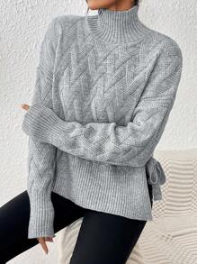 Chiquease Women High Neck Loose Knitted Long Sleeve Sweater Top With Split And Tie Design, Versatile Pullover Sweater, Autumn/Winter Fall - Grey - View 4
