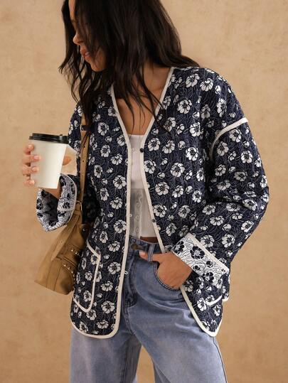 Forever 21 Women New Arrival Winter Digital Print Long Sleeve Loose Warm Padded Coat New Years