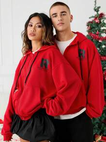 Manfinity VCAY Loose Knit Drop Shoulder Zipper Hooded Sweatshirt, Suitable For Autumn/Winter Going Out, Letter Long Sleeve Full Zip Up Red Hoodie, For Friends, Husband, Boyfriend Gifts, For Christmas - Red - View 3