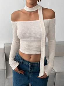 SHEIN Essnce Women Simple Off Shoulder Long Sleeve Solid Color Casual T-Shirt - White - View 2