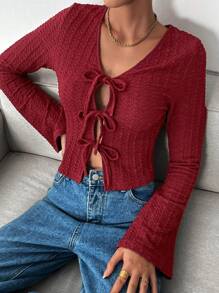 SHEIN Essnce Women Burgundy Red Front Tie Long Sleeve T-Shirt,Elegant Autumn Casual Tops,Seksi Chic Night Out Y2k Style,Fashionable Crochet Textured Winter Clothes - Burgundy - View 3