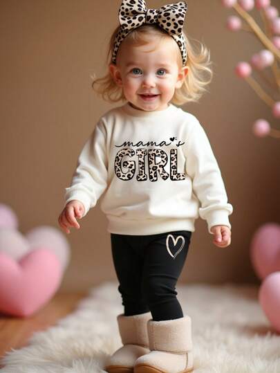 SHEIN 2 pièces ensemble sweat-shirt pull et legging casual imprimé léopard "Fille de maman" pour bébé fille, épaissi pour l'automne/l'hiver