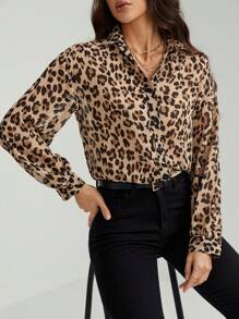 SHEIN Tall Camisa de mujer de lino, camisa de manga larga de unicolor, uniforme escolar francés, uniforme de maestro, estampado de guepardo y leopardo para mujeres en otoño