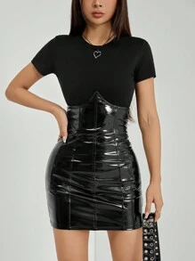 SHEIN PETITE Sexy Outfits Club Women's High Waisted Belted Pu Leather Mini Skirt - Black - View 7