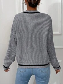 RueChic Striped Trim Drop Shoulder Jumper - Grey - View 2
