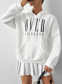 SHEIN PETITE 棉质字母图案袋鼠口袋落肩抽绳连帽衫