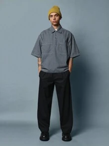 SUMWON Boxy Fit Denim Stripe Half Zip Short Sleeve Shirt - Blue - View 4