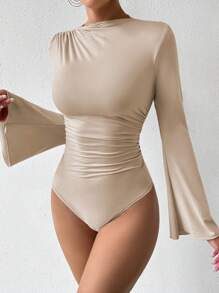 RosyDaze 女士纯色长袖褶皱修身紧身衣，休闲日常穿着 - 杏色 - 查看 6