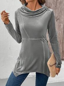 SHEIN LUNE Camisa de cuello alto para mujer para otoño/invierno, de hombro recto y manga larga, con panel delantero en patchwork, bajo asimétrico, detalles de botones a los lados, uso casual de todos los días