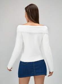 Chiquease Women V-Neck Cross Front Exposed Clavicle Solid Color Fitted Knit Long Sleeve Sweater Knit Pullover Fall Winter - White - View 2