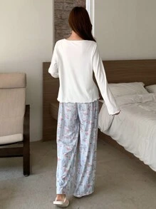 DAZY Cute Floral Lace Bow Trim Top & Loose Fit Allover Cat Print Straight Pants Sleepwear Pajama Set, Fall Winter Clothes - White - View 2
