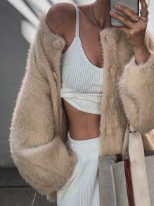 DAZY 女士蓬松柔软开衫，宽松版型，秋季女装 - 杏色 - 查看 2