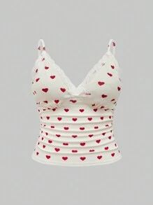 ROMWE Kawaii 大码女式撞色蕾丝蝴蝶结装饰荷叶边吊带背心，适合夏季 - 杏色 - 查看 1