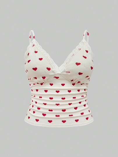 Kawaii Top de tirantes con detalle de volantes, lazo y encaje en contraste, tallas grandes, para verano