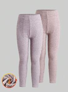 2pcs Young Girl Ribbed Fuzzy Thermal Leggings In Red & Pink, Casual & Warm - Multicolor - View 1