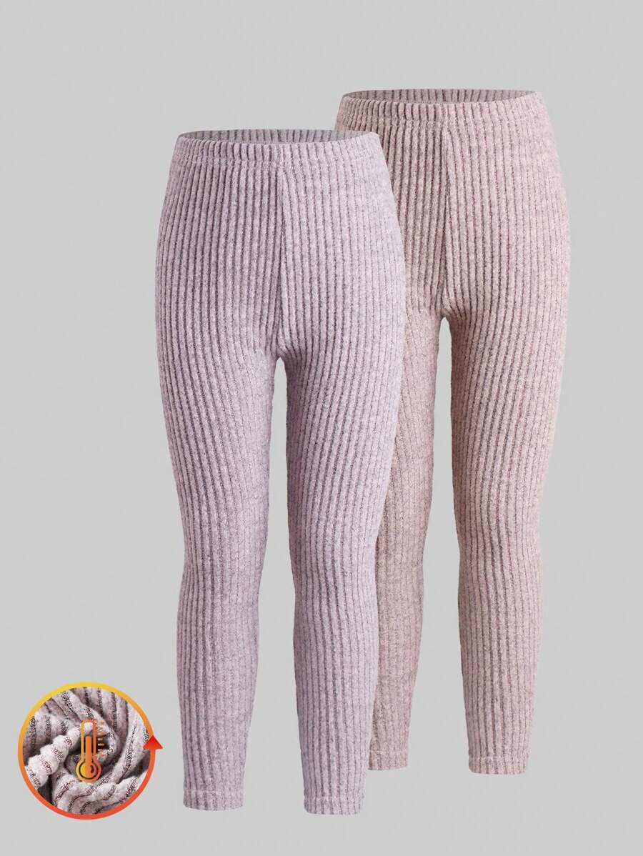 2pcs Young Girl Ribbed Fuzzy Thermal Leggings In Red & Pink, Casual & Warm - Multicolor - View 1