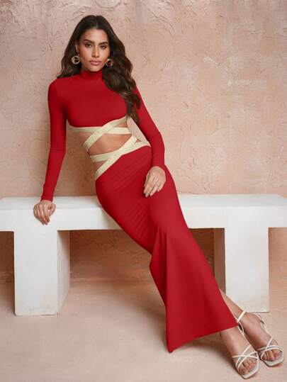 Keraye London Soft Lux Collection 设计师针织高领紧身优雅红色连衣裙，适合节日、派对前夜、生日服装、节日、婚礼、舞会礼服