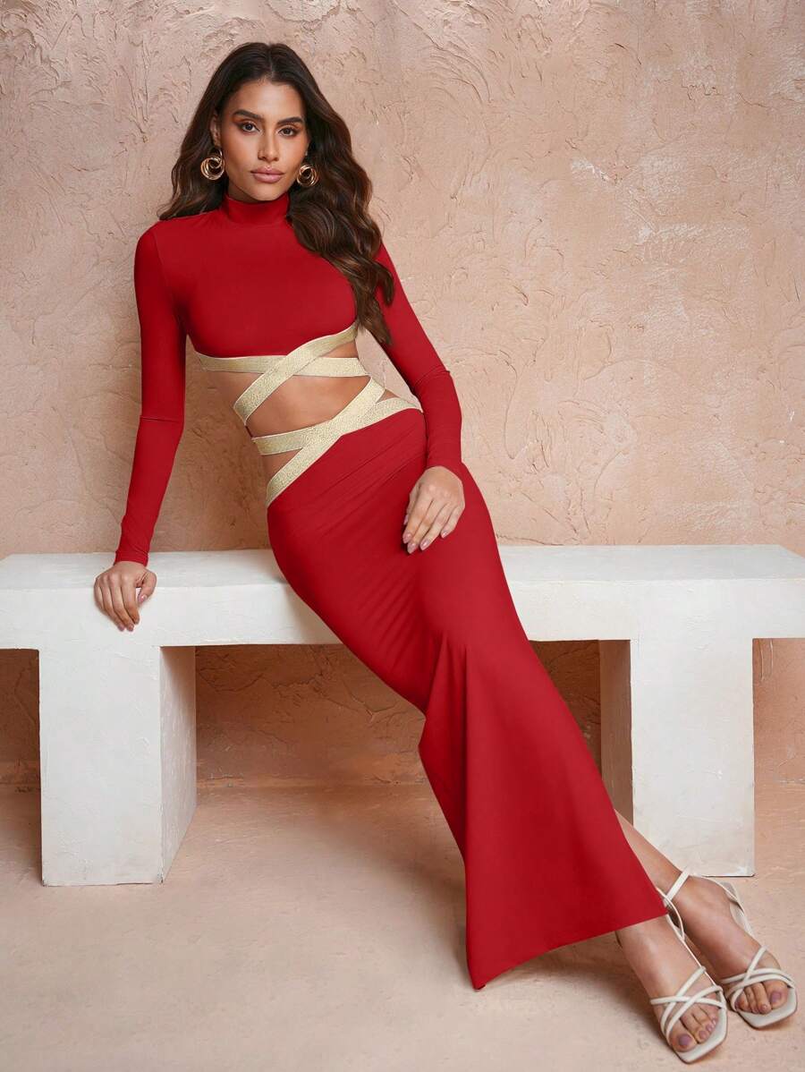 Keraye London Soft Lux Collection 设计师针织高领紧身优雅红色连衣裙，适合节日、派对前夜、生日服装、节日、婚礼、舞会礼服 - 紅色 - 查看 1