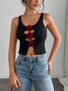 SHEIN Unity Camiseta sin tirantes con decoración floral versátil para mujeres, primavera/verano - Negro - Ver 6