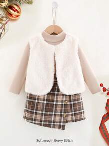 Cozy Pixies 3pcs/Set Baby Girl Solid Color Knitted Soft Mock Neck Sweater, Plaid Skirt And Sleeveless Furry Vest, Warm And Versatile For Winter, Suitable For Casual, Indoor, Holiday, Christmas, New Year Occasions - Multicolor - View 7