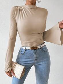 RosyDaze 女士纯色长袖褶皱修身紧身衣，休闲日常穿着 - 杏色 - 查看 5