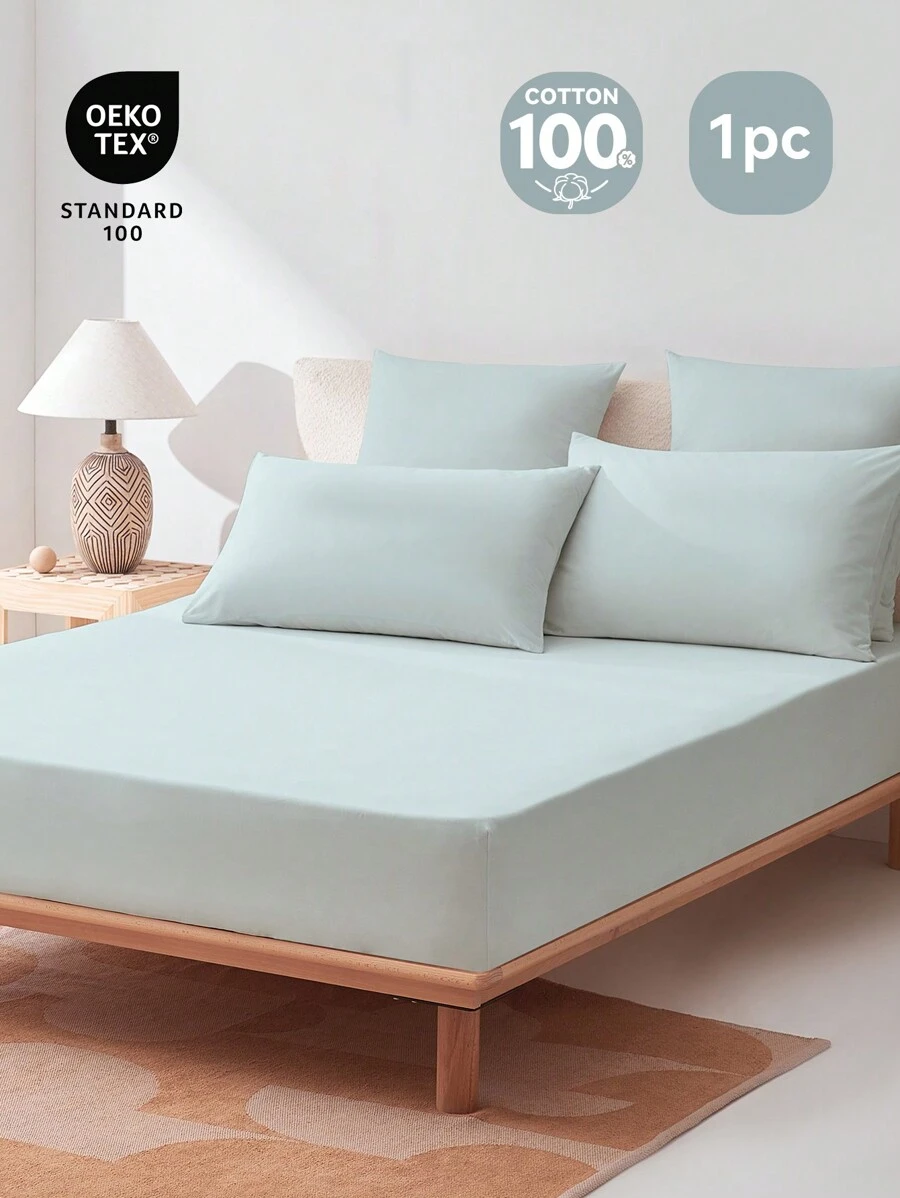 [100% 纯棉] 1 件柔软温和床笠，四季舒适透气，14 英寸/35 厘米深口袋 - 霧霾藍 - 查看 1