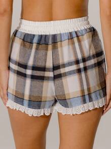 Aralina Sleepwear Cozy Button-Front Ruffle Hem Contrast Flannel Checkered Comfy Flowy Boxer Shorts