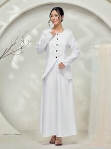 Graceveil Baju Kebaya 2pcs/Set Solid Color Button Front Long Sleeve Top And Skirt Casual Suit Modest