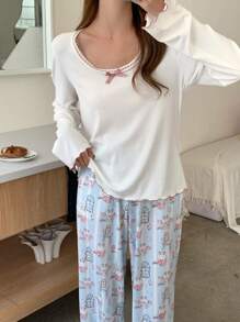 DAZY Cute Floral Lace Bow Trim Top & Loose Fit Allover Cat Print Straight Pants Sleepwear Pajama Set, Fall Winter Clothes - White - View 4
