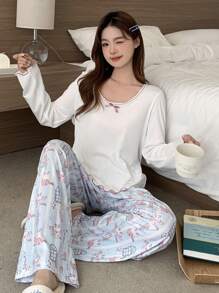 DAZY Cute Floral Lace Bow Trim Top & Loose Fit Allover Cat Print Straight Pants Sleepwear Pajama Set, Fall Winter Clothes - White - View 5