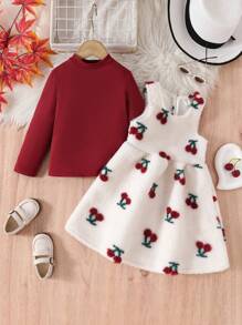 SHEIN 2pcs/Set Girls Cherry Jacquard Sleeveless Dress & Solid Stand Collar Top, Casual Outfit For Autumn/Winter - Multicolor - View 6