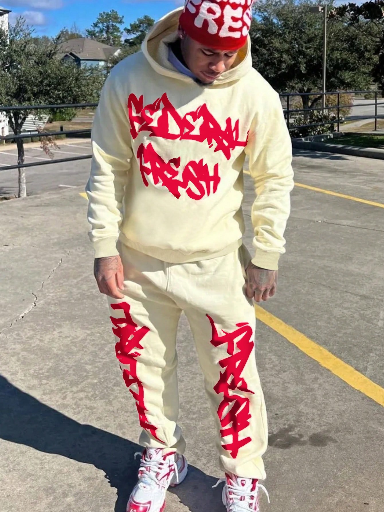 Manfinity Dauomo 2pcs Men's Casual Letter Print Hoodie Sweatshirt And Front Tie Pants Set