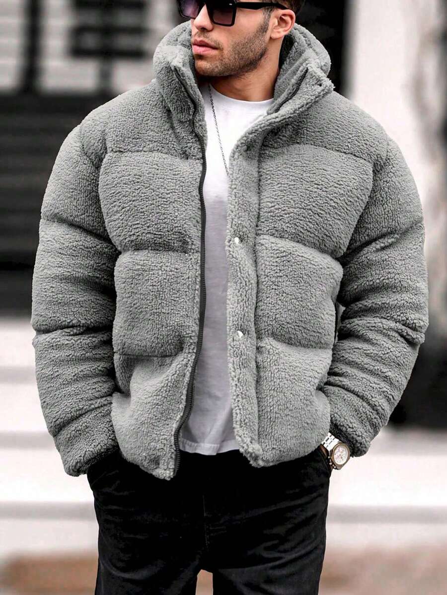 Manfinity Homme Loose Fit Snap Button Front Teddy Bear Padded Coat For Men - Light Grey - View 1