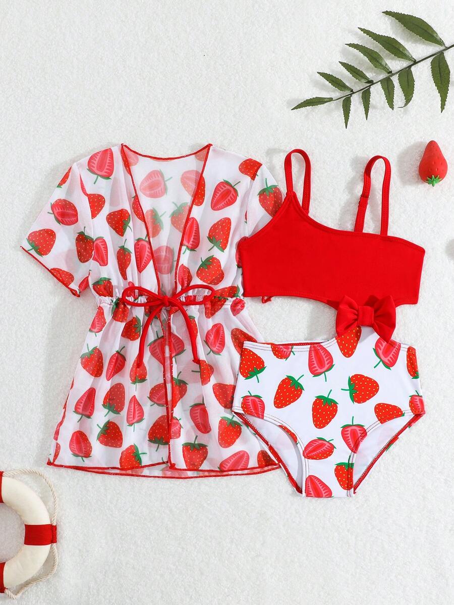 SHEIN 2 pièces/Set Maillot de bain bébé fille, Imprimé fraise mignon et décor nœud papillon. Maillot de bain avec cache-maillot anti-UV