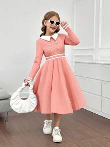 SHEIN Tween Girls Elegante Contrasterende Kleur Getailleerde Kraag Lange Mouw A-lijn Mid-Calf Jurk, Roze, Casual Voor Herfst/Winter