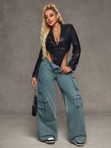 SHEIN SXY Pantalones vaqueros de carga de pierna ancha y lavados informales para mujeres - Azul - Ver 4