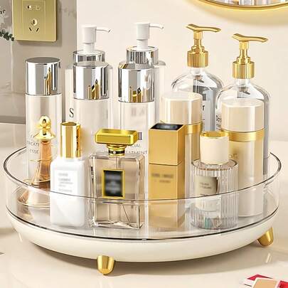 Khay đựng mỹ phẩm Acrylic xoay 360 độ - Dung tích lớn, đựng đồ trang điểm/nước hoa/sữa dưỡng da | Trang trí bàn trang điểm & văn phòng tối giản với thiết kế tròn (Trưng bày nhiều bề mặt dễ dàng)