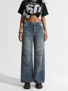 SHEIN ICON Fashionable Women's Vintage Low Waist Straight Leg Wide Leg Jeans Low Rise Jeans - Light Wash - View 1