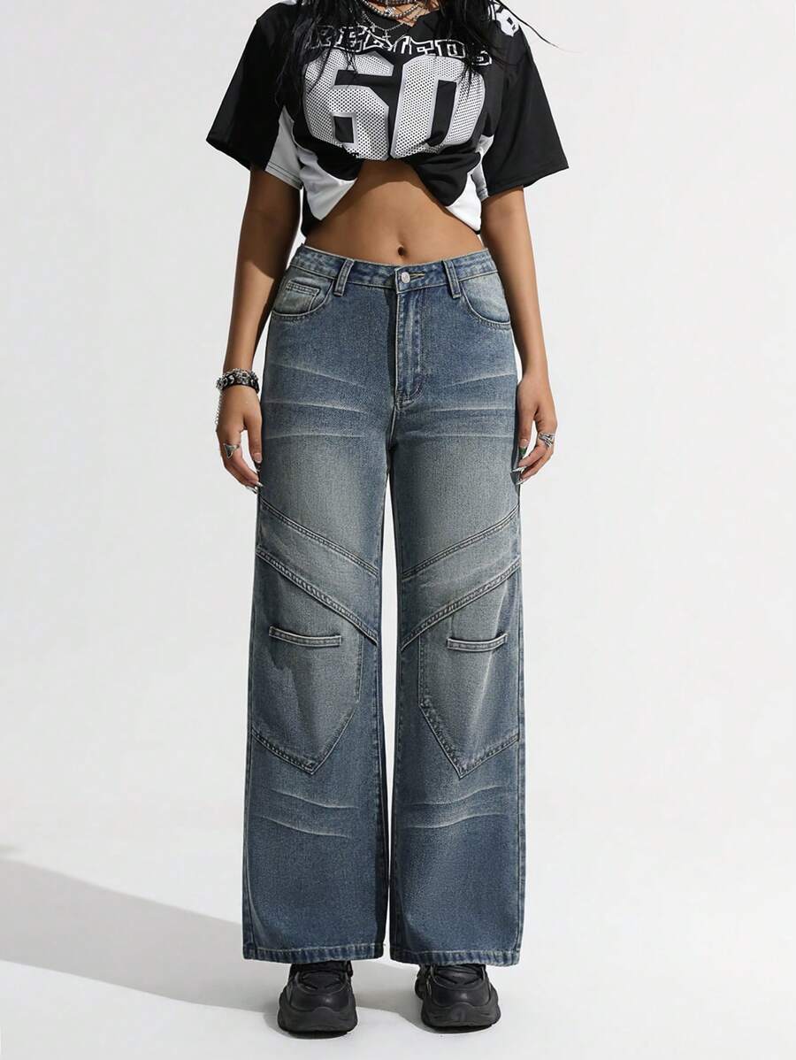 SHEIN ICON Fashionable Women's Vintage Low Waist Straight Leg Wide Leg Jeans Low Rise Jeans - Light Wash - View 1