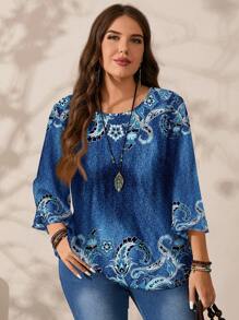 Mellowie 大码女式花卉复古印花宽松圆领七分袖衬衫