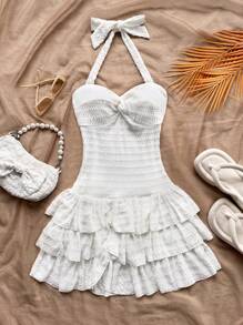 Soleia 女士度假迷你连衣裙，带有弹性褶皱胸部、系带领、蝴蝶结和分层褶皱，可内穿或外穿，情人节约会服装，新年女装，圣诞节女装，派对女装，音乐节/音乐会服装，情人节，女士夏季连衣裙，白色毕业礼服 - 白色 - 查看 2