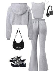 SHEIN 3 件套女孩青少年字母印花连帽运动衫 + 背心 + 阔腿裤，休闲运动装 - 灰色 - 查看 2