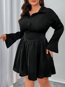 Celure Plus Size Elegant Solid Color Flared Sleeves Waist A-Line Dress